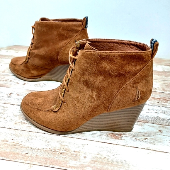 Nautica Shoes - Nautica Suede Like Wedge Heel Ankle Boots Bootie Lace Up Shoes Tan Size 8
